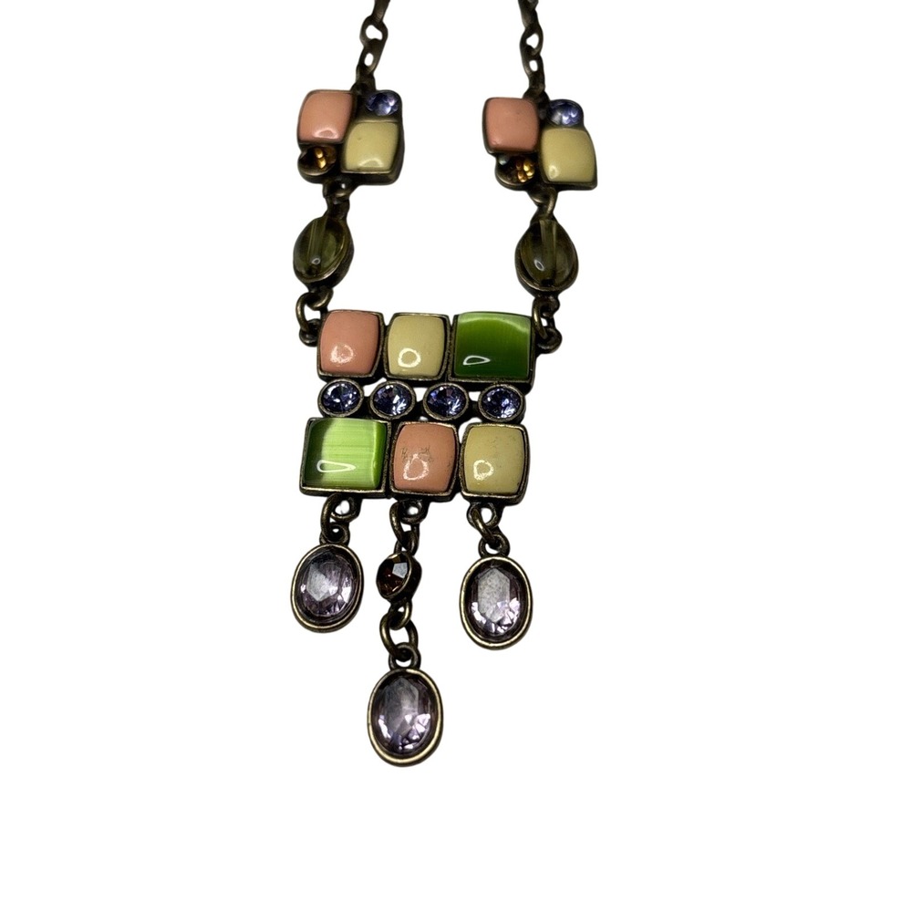 Vintage Lia Sophia Style Multi Color Geometric Bib Necklace Antique Brass Tone